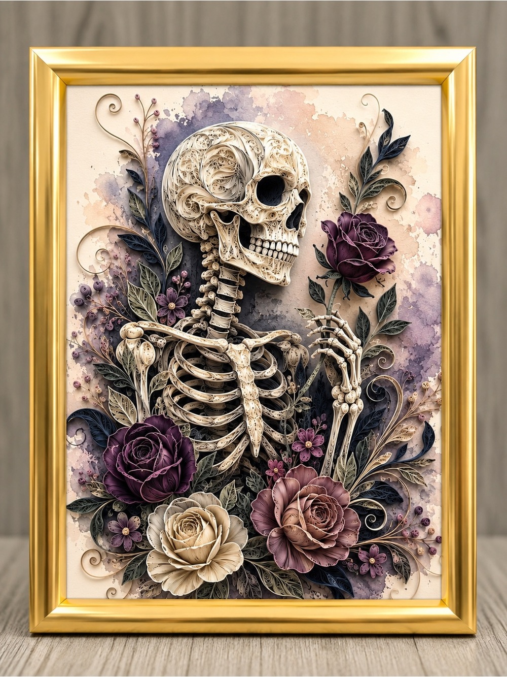 3.5x5 Gold Framed Skeleton Holding Rose Wall Art Print